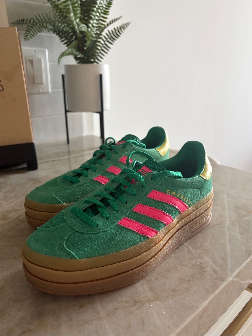 adidas Gazelle Platform Sneakers in Green with Pink Accents